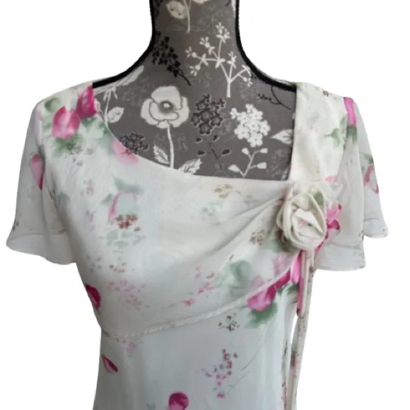 Dressbarn Women' 8 Ivory Cream Pink Floral Chiffon Short Sleeve Maxi Dress - Picture 2 of 16